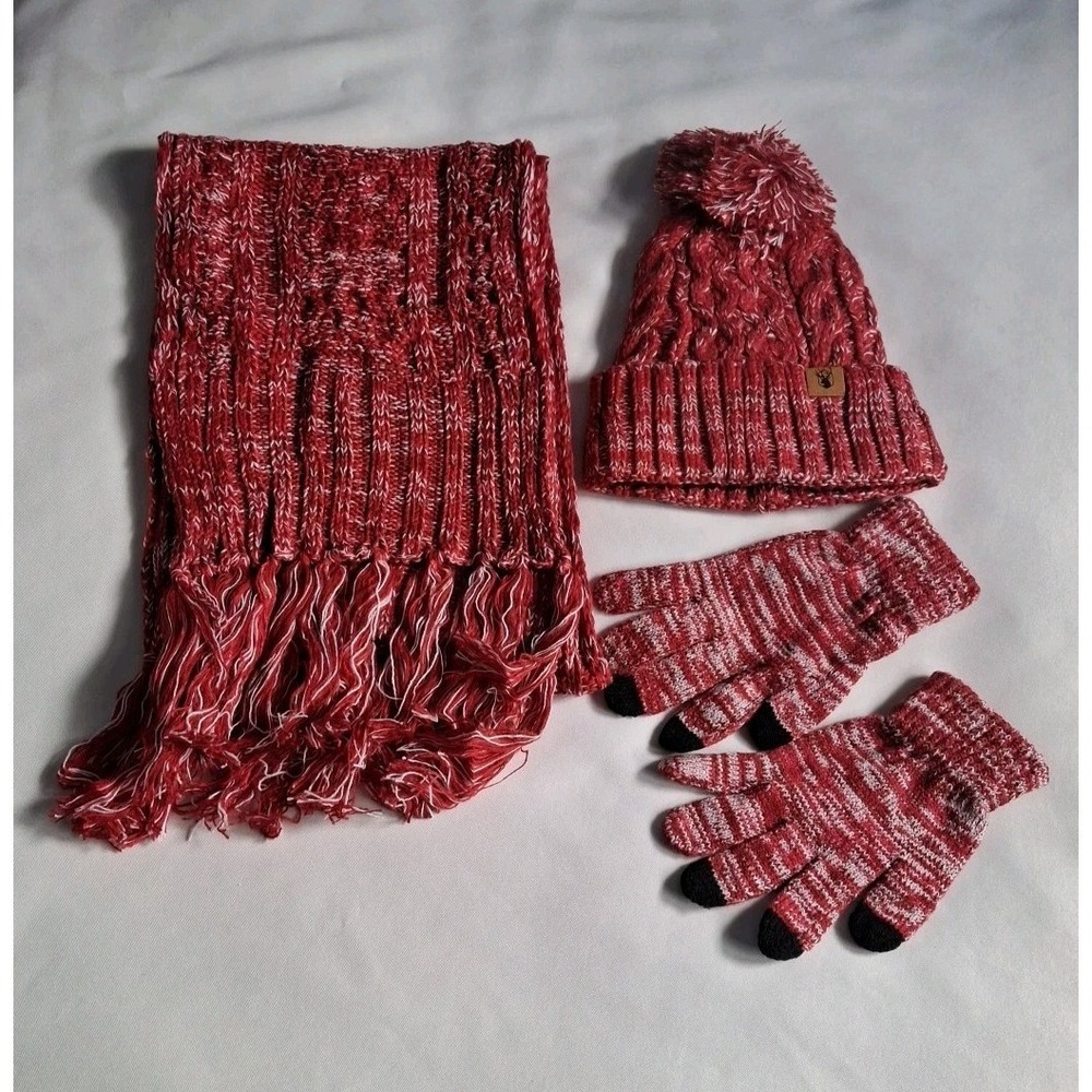 Womens Winter 3-Piece Scarf, Hat‎ & Gloves Set Rose Red